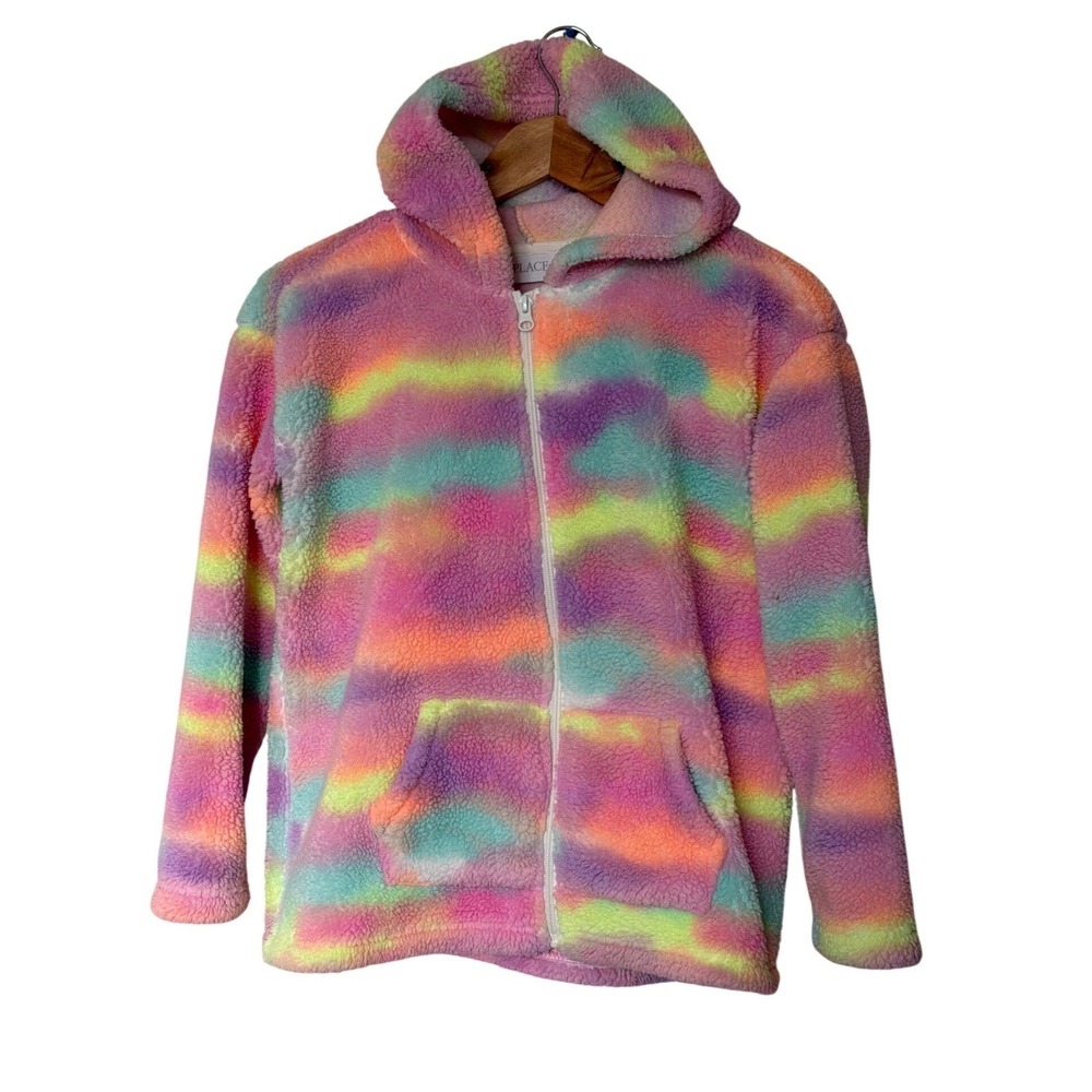 The Children's Place Hoodie Girls 10/12‎ Rainbow Tie Dye Sherpa Faux Fur Zip Up